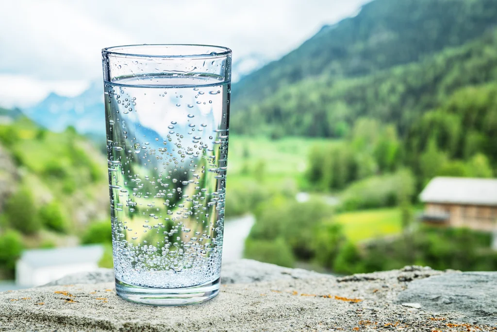 Ein Glas mit sprudelndem Wasser steht auf einem Stein im Freien; im Hintergrund unscharfe, grüne Landschaft und Berge.